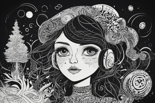 mystical portrait of a girl,hand-drawn illustration,kahila garland-lily,digital illustration,flora,fantasy portrait,the enchantress,bell jar,virgo,boho art,zodiac sign gemini,illustrator,girl in a wreath,psychedelic art,the sea maid,the snow queen,dryad,the zodiac sign pisces,horoscope pisces,zodiac sign libra,Illustration,Black and White,Black and White 11
