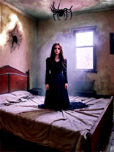 widow spider,gothic woman,witch house,dark angel,asylum,photo manipulation,scared woman,housekeeper,apparition,gothic dress,abandoned room,photomanipulation,mood cobwebs,dollhouse,doll's house,photoshop manipulation,gothic portrait,lucifer,the little girl's room,the witch,Conceptual Art,Fantasy,Fantasy 21