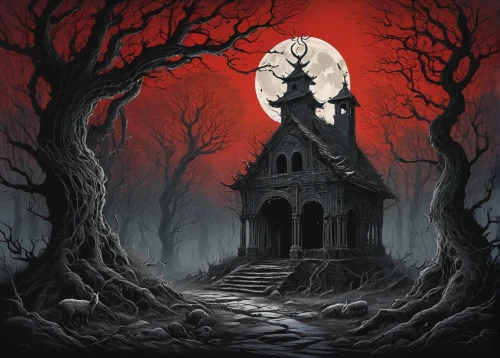 witch house,witch's house,haunted cathedral,mortuary temple,blood church,the haunted house,ghost castle,sepulchre,haunted castle,haunted house,dark gothic mood,halloween poster,devilwood,halloween background,gothic style,gothic,castle of the corvin,house silhouette,halloween illustration,halloween and horror,Illustration,Black and White,Black and White 01