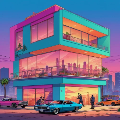miami,retro diner,real-estate,80's design,motel,colorful city,suburban,suburb,retro styled,los angeles,electric gas station,modern,80s,car dealer,drive in restaurant,suburbs,an apartment,modern office,cube house,apartments,Illustration,Vector,Vector 19