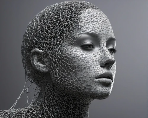 woman sculpture,head woman,humanoid,wire sculpture,biomechanical,sculpt,veil,artificial hair integrations,human head,chain mail,wire mesh,wireframe,snake skin,woman thinking,fractals art,woman's face,gradient mesh,fractalius,geometric ai file,sculptor,Photography,Artistic Photography,Artistic Photography 11