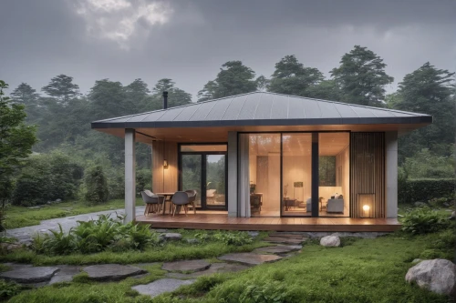 timber house,small cabin,cubic house,the cabin in the mountains,house in the forest,3d rendering,summer house,inverted cottage,folding roof,house in mountains,grass roof,eco-construction,smart home,roof landscape,wooden sauna,house in the mountains,corten steel,mid century house,japanese architecture,pool house,Photography,General,Realistic