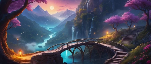 fantasy landscape,dragon bridge,scenic bridge,winding steps,fantasy picture,tree top path,devil's bridge,the mystical path,hiking path,forest path,tied-arch bridge,pathway,humpback bridge,viola bridge,elven forest,hangman's bridge,heaven gate,futuristic landscape,wooden bridge,purple landscape,Photography,Documentary Photography,Documentary Photography 22