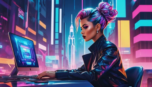 cyberpunk,girl at the computer,cyber,computer addiction,computer freak,computer,women in technology,cyberspace,neon human resources,sci fiction illustration,computer game,computer art,world digital painting,night administrator,game illustration,computer business,man with a computer,computer games,futuristic,barebone computer,Conceptual Art,Sci-Fi,Sci-Fi 06