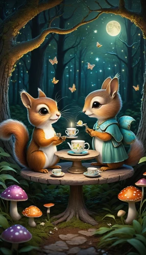 fox and hare,dinner for two,fox stacked animals,foxes,fairy forest,tea party,woodland animals,romantic dinner,fantasy picture,squirrels,a fairy tale,fairytale characters,children's fairy tale,enchanted forest,fairy tale,kopi luwak,fairytale forest,romantic scene,whimsical animals,children's background,Illustration,Abstract Fantasy,Abstract Fantasy 06