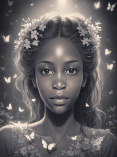 mystical portrait of a girl,fantasy portrait,african american woman,african woman,world digital painting,nigeria woman,digital painting,beautiful african american women,black woman,digital art,girl portrait,portrait background,linden blossom,vanessa (butterfly),rosa 'the fairy,romantic portrait,faerie,digital artwork,dove of peace,girl in a wreath,Photography,Cinematic