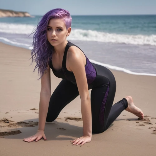 purple,yoga pant,yoga,wetsuit,purple dress,gymnast,purple skin,yoga mat,splits,leggings,yoga pose,crouching,on the beach,mermaid tail,purple background,beach background,mermaid,mauve,violet,fitness model,Photography,General,Natural