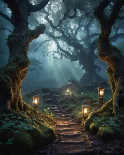 forest path,enchanted forest,the mystical path,elven forest,fairy forest,druid grove,fairytale forest,fantasy picture,fantasy landscape,pathway,hollow way,the path,haunted forest,wooden path,forest glade,forest of dreams,forest road,fantasy art,tree lined path,path,Illustration,Realistic Fantasy,Realistic Fantasy 20