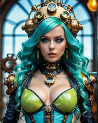steampunk,cleopatra,blue enchantress,turquoise,sorceress,steampunk gears,fantasy portrait,fantasy woman,medusa,fantasy art,transistor,female doll,celtic queen,turquoise leather,caerula,breastplate,color turquoise,emerald,the enchantress,venetia,Photography,General,Realistic