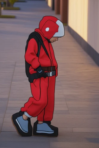 cartoon ninja,dry suit,dead pool,red super hero,mobility scooter,disney baymax,daredevil,rain suit,high-visibility clothing,baymax,pubg mascot,walking man,deadpool,rubber dinosaur,electric scooter,protective suit,e-scooter,kick scooter,motorized scooter,climbing harness,Photography,General,Realistic