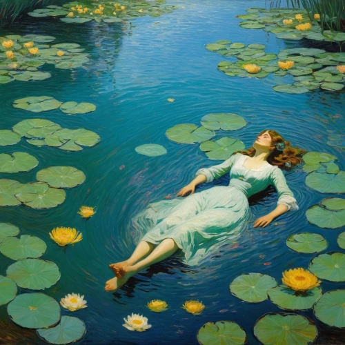 water lilies,lilly pond,girl lying on the grass,lily pad,lily pads,narcissus,lily pond,white water lilies,water nymph,idyll,girl in the garden,girl on the river,lilly of the valley,nelumbo,the blonde in the river,water forget me not,rusalka,nymphaea,narcissus of the poets,waterlily,Art,Classical Oil Painting,Classical Oil Painting 15