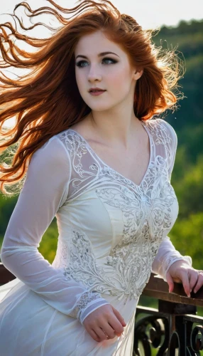 celtic woman,bridal clothing,wedding dresses,celtic queen,girl in white dress,wedding gown,white winter dress,redheads,wedding dress,bridal dress,redheaded,redhead doll,celtic harp,girl in a long dress,red-haired,evening dress,redhair,bodice,blonde in wedding dress,white silk,Illustration,Retro,Retro 13