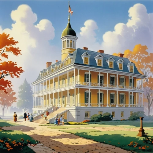 the white house,white house,country hotel,home of apple,fairy tale castle,country house,grand hotel,disneyland park,town house,children's background,fall landscape,capitol,robert duncanson,house painting,north american fraternity and sorority housing,dillington house,washington,uscapitol,old colonial house,doll's house,Illustration,Retro,Retro 18