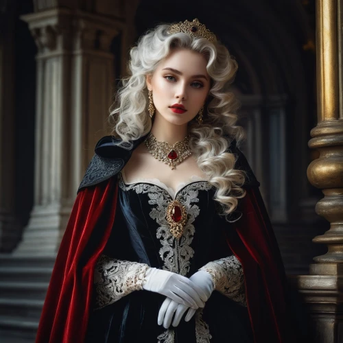 gothic portrait,vampire lady,queen of hearts,vampire woman,dracula,regal,victorian lady,gothic fashion,imperial coat,white rose snow queen,the carnival of venice,nero,madonna,the crown,royalty,victorian style,vampire,queen of the night,tudor,lady of the night,Conceptual Art,Fantasy,Fantasy 12