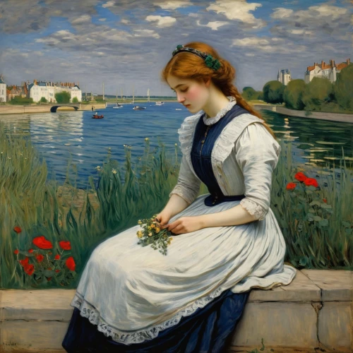 girl picking flowers,girl on the river,girl in the garden,girl in flowers,holding flowers,marguerite,picking flowers,girl lying on the grass,idyll,girl on the boat,woman playing,in the early summer,portrait of a girl,fiori,young woman,woman sitting,in the spring,lilly of the valley,girl with cloth,la violetta,Art,Classical Oil Painting,Classical Oil Painting 12