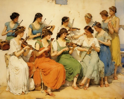 violinists,woman playing violin,orchestra,apollo and the muses,musicians,plucked string instruments,musical ensemble,serenade,playing the violin,violins,the flute,singers,young women,violin woman,violin player,string instruments,philharmonic orchestra,orchesta,mucha,symphony orchestra,Illustration,Paper based,Paper Based 23