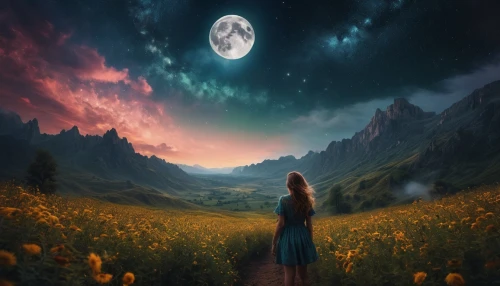 fantasy picture,photomanipulation,the mystical path,moon and star background,world digital painting,phase of the moon,dream world,valley of the moon,hanging moon,astral traveler,mystical portrait of a girl,moon walk,celestial body,photo manipulation,landscape background,forest of dreams,fantasy landscape,the path,moonlit night,celestial phenomenon,Photography,General,Fantasy