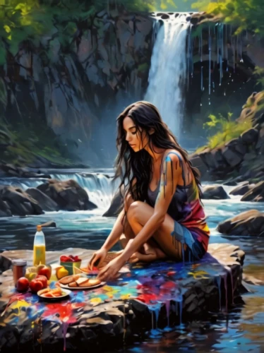 woman at the well,art painting,girl on the river,oil painting on canvas,oil painting,polynesian girl,wishing well,fantasy art,fantasy picture,picnic,girl with cereal bowl,world digital painting,water nymph,woman playing,moana,fabric painting,meticulous painting,indigenous painting,italian painter,photo painting