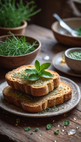 mystic light food photography,food photography,summer savory,gremolata,grilled bread,cress bread,herb baguette,parsley leaves,watercress,arugula,pesto,herb butter,winter savory,culinary herbs,olive butter,garlic bread,food styling,tarragon,cucumber sandwich,garden cress,Illustration,Realistic Fantasy,Realistic Fantasy 26