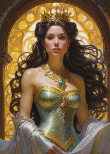 heroic fantasy,fantasy portrait,golden crown,golden wreath,fantasy woman,celtic queen,fantasy art,priestess,cleopatra,zodiac sign libra,libra,gold filigree,gold crown,rosa ' amber cover,the enchantress,sorceress,fantasy picture,cybele,artemisia,golden apple,Illustration,Realistic Fantasy,Realistic Fantasy 03