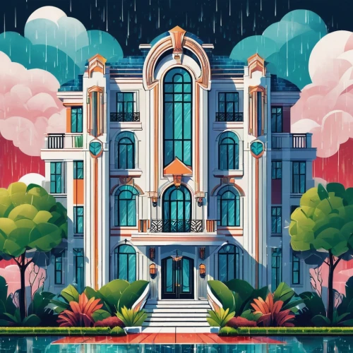 art deco,temples,apartment building,palace,apartment block,apartments,hotel riviera,fantasy city,apartment house,mansion,an apartment,villa,metropolis,house of the sea,art nouveau,grand hotel,skyscraper,apartment complex,water castle,digital illustration,Illustration,Vector,Vector 16