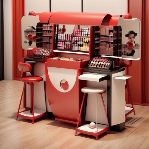 cosmetics counter,beauty salon,kids cash register,women's cosmetics,beauty room,coke machine,vintage makeup,cash register,barber chair,kiosk,soda fountain,coin drop machine,cosmetics,reich cash register,vending cart,oil cosmetic,doll house,kitchen cart,cosmetic products,barber shop