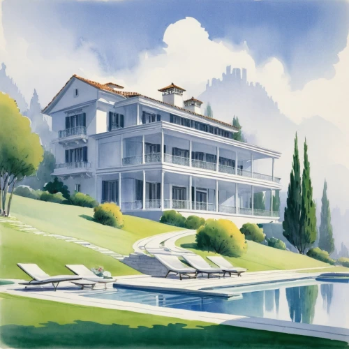 house with lake,villa balbianello,house by the water,bendemeer estates,house painting,villa,home landscape,boathouse,idyllic,boat house,villa balbiano,country club,houseboat,luxury property,houses clipart,manor,country hotel,house in the mountains,private house,house in mountains,Illustration,Retro,Retro 04