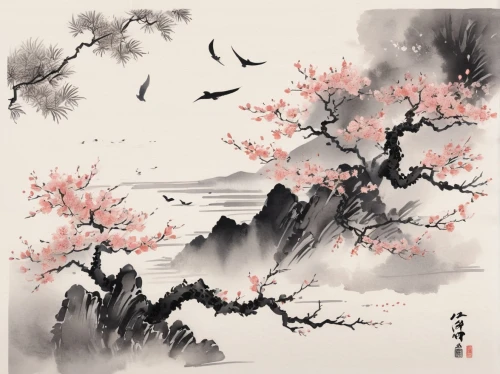 plum blossoms,chinese art,oriental painting,japanese art,plum blossom,apricot blossom,luo han guo,almond blossoms,japanese floral background,takato cherry blossoms,sakura trees,sakura tree,the japanese tree,peach blossom,the cherry blossoms,blossom tree,cherry blossom japanese,xing yi quan,cool woodblock images,cherry blossom tree,Illustration,Paper based,Paper Based 30