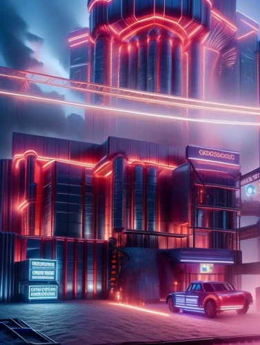 electric gas station,drive-in theater,retro diner,movie palace,metropolis,neon coffee,cyberpunk,drive-in,cybertruck,e-gas station,fantasy city,powerplant,industrial building,dream factory,factories,drive in restaurant,nightclub,wonder woman city,warehouse,gas-station