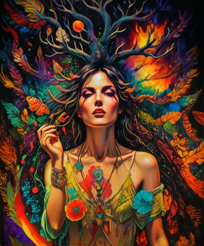 psychedelic art,colorful tree of life,boho art,pachamama,mantra om,flora,shamanism,shamanic,fairy peacock,mystical portrait of a girl,boho,lsd,psychedelic,tapestry,fantasy portrait,colorful heart,the festival of colors,the enchantress,fantasy art,aura,Photography,General,Fantasy