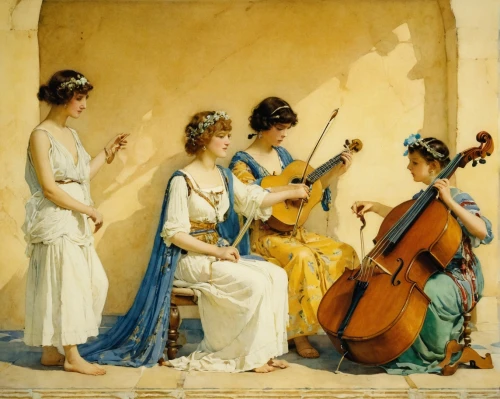 musicians,violinists,musical ensemble,orchestra,woman playing violin,quartet in c,serenade,performers,singers,woman playing,string instruments,classical antiquity,young women,plucked string instruments,bougereau,classical,asher durand,lyre,viol,cello,Illustration,Paper based,Paper Based 23