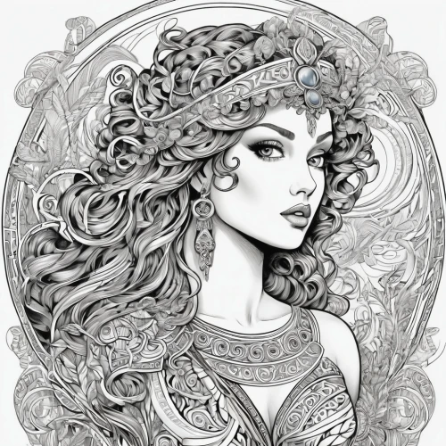 art nouveau,boho art,art nouveau design,filigree,line art wreath,medusa,fashion illustration,fantasy portrait,henna frame,aphrodite,celtic queen,zodiac sign libra,zodiac sign gemini,mucha,laurel wreath,art nouveau frame,merida,mermaid vectors,coloring page,victorian lady,Illustration,Black and White,Black and White 05