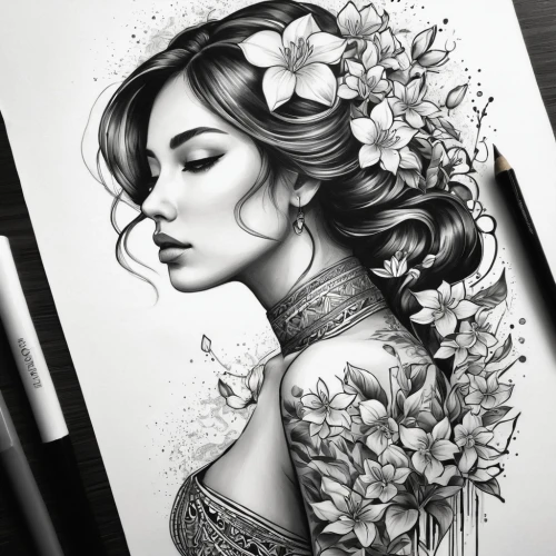 pencil drawings,pencil art,pencil drawing,boho art,charcoal pencil,rose flower drawing,lotus art drawing,flower drawing,beautiful girl with flowers,girl in flowers,rose flower illustration,jasmine blossom,graphite,charcoal drawing,flora,fashion illustration,flower art,flower girl,floral wreath,fantasy portrait,Illustration,Abstract Fantasy,Abstract Fantasy 07