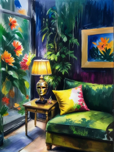 sitting room,majorelle blue,interior decor,studio couch,guestroom,blue room,livingroom,guest room,corner flowers,living room,oil on canvas,mid century,oil painting on canvas,yellow orchid,paintings,yellow garden,floral corner,oil painting,bedroom,tropical bloom,Photography,Artistic Photography,Artistic Photography 08
