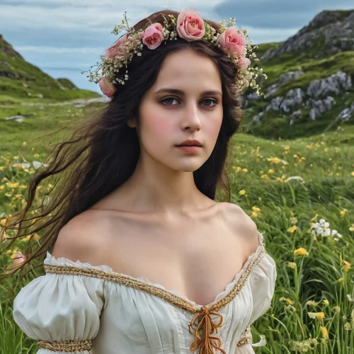 girl in flowers,beautiful girl with flowers,celtic queen,flower girl,celtic woman,meadow,flower crown,primrose,young woman,wild flowers,wild roses,wild flower,romantic portrait,portrait of a girl,felicity jones,wild rose,elven flower,flower fairy,natural cosmetic,holding flowers,Photography,General,Realistic