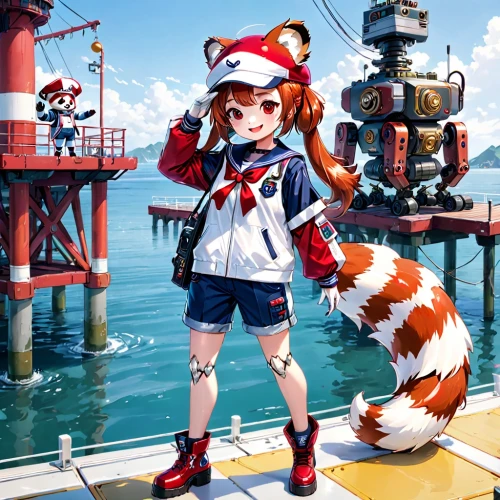 kantai collection sailor,anime japanese clothing,nautical children,calico cat,kantai,inari,clownfish,child fox,delta sailor,red panda,marine animal,nautical star,seafaring,sea scouts,kitsune,calico,rooster fish,sea fantasy,submarine chaser,sailor,Anime,Anime,General