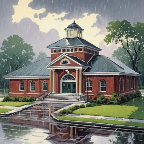 railroad station,train depot,boathouse,pumping station,church painting,freight depot,public library,studio ghibli,equestrian center,field house,clubhouse,david bates,courthouse,school house,aqua studio,old station,train station,water tower,boat house,new town hall,Illustration,Retro,Retro 02