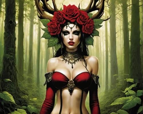 dryad,the enchantress,queen of hearts,faun,elven flower,faerie,fantasy art,sorceress,headdress,tiger lily,faery,priestess,fantasy woman,celtic queen,red magnolia,fairy queen,fawns,mother nature,western red lily,fantasy picture,Illustration,Realistic Fantasy,Realistic Fantasy 10