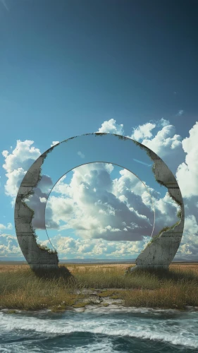 stargate,semi circle arch,torus,futuristic landscape,steel sculpture,kinetic art,time spiral,mother earth statue,helix,wind finder,round arch,circular ring,cloud shape frame,wind machine,electric arc,sky space concept,highway roundabout,wormhole,wind machines,portals