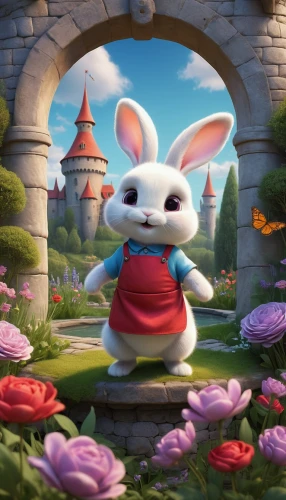 bunny on flower,springtime background,spring background,clove garden,flower garden,flower background,white rabbit,cute cartoon character,agnes,spring greeting,fairy tale character,floral greeting,cartoon flowers,lady tulip,shanghai disney,springtime,flower girl,spring bloom,rosa ' the fairy,peter rabbit,Illustration,Abstract Fantasy,Abstract Fantasy 06