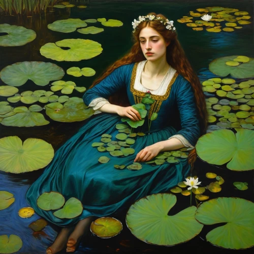 lily pads,marsh marigold,marsh marigolds,lily pad,girl in the garden,nelumbo,lilly pond,lilly of the valley,water lilies,rusalka,nuphar,girl picking flowers,lily pond,narcissus of the poets,water-the sword lily,waterlily,girl lying on the grass,girl on the river,water nymph,lilies of the valley,Art,Classical Oil Painting,Classical Oil Painting 08