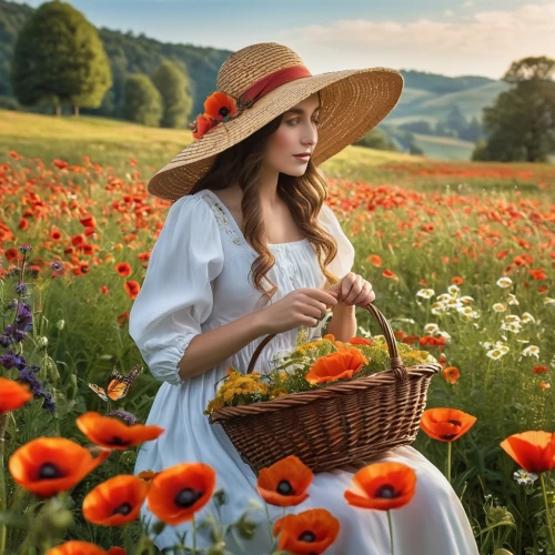 beautiful girl with flowers,girl in flowers,girl picking flowers,splendor of flowers,flowers in basket,flower basket,countrygirl,country dress,picking flowers,holding flowers,summer meadow,girl in the garden,flower delivery,meadow landscape,field of poppies,farm girl,flower field,flower arranging,meadow,the hat of the woman,Photography,General,Realistic
