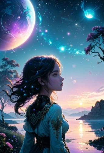 fantasy picture,fantasy portrait,fantasia,fantasy art,sci fiction illustration,cg artwork,la violetta,fantasy landscape,world digital painting,fae,moon and star background,rosa ' amber cover,dream world,mystical portrait of a girl,rapunzel,aurora,full hd wallpaper,magical,libra,zodiac sign libra