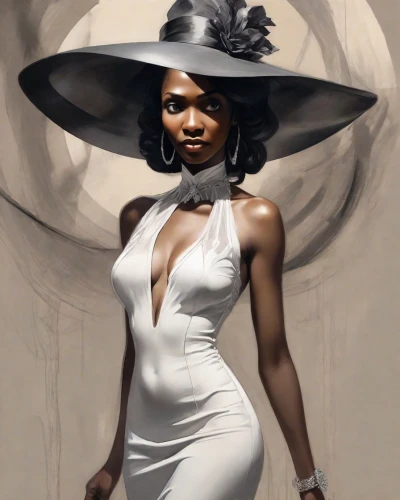 fashion illustration,the hat of the woman,maria bayo,digital painting,woman's hat,the hat-female,fantasy portrait,black woman,world digital painting,tiana,pointed hat,conical hat,african american woman,witch hat,beautiful bonnet,black hat,fashion vector,fantasy art,widow,witch's hat