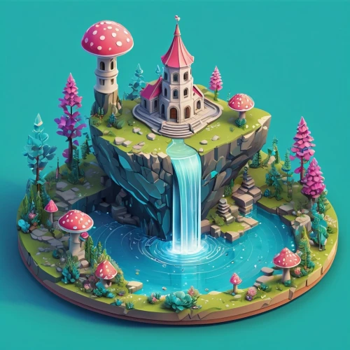 mushroom island,mushroom landscape,3d fantasy,floating island,wishing well,fairy world,fairy village,fairy chimney,floating islands,fantasy city,tiny world,fantasy world,artificial islands,artificial island,water castle,fantasy landscape,diamond lagoon,fairy house,lagoon,a small waterfall,Unique,3D,Isometric