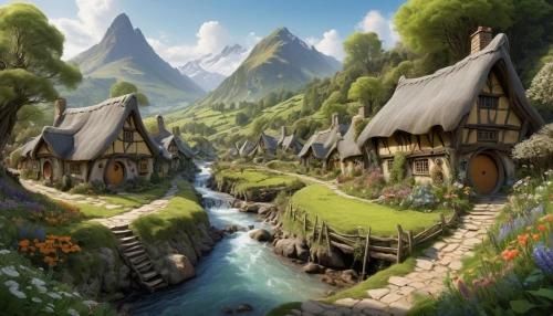 alpine village,fairy village,mountain settlement,mountain village,aurora village,knight village,fantasy landscape,druid grove,home landscape,northrend,escher village,mountain huts,fantasy picture,villages,fairy world,hobbiton,fairy house,mountain valley,world digital painting,cartoon video game background,Conceptual Art,Fantasy,Fantasy 08