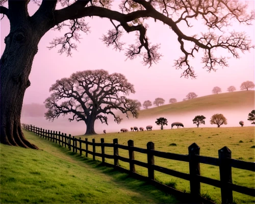 foggy landscape,meadow landscape,landscape background,beautiful landscape,rural landscape,landscape nature,nature landscape,landscapes beautiful,countryside,green landscape,purple landscape,morning mist,farm landscape,landscape photography,meadow in pastel,home landscape,oak tree,natural landscape,natural scenery,fog banks,Illustration,Realistic Fantasy,Realistic Fantasy 47