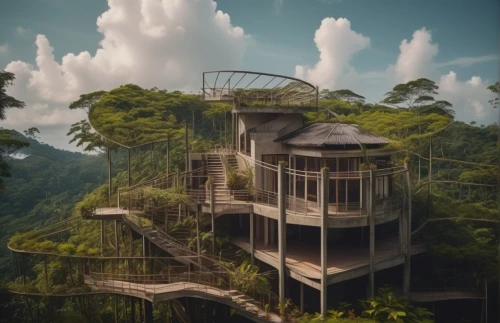 tree house hotel,tree house,treehouse,stilt house,lookout tower,tropical house,observation tower,island suspended,abandoned place,vietnam,tree top,stilt houses,house in the forest,house in mountains,hanging houses,tigers nest,asian architecture,roof landscape,tree tops,abandoned places,Photography,General,Cinematic