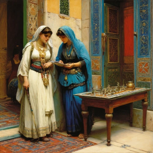 orientalism,accolade,fortune teller,young couple,gift of jewelry,woman at the well,woman playing,chess game,engagement,candlemas,courtship,fortune telling,merchant,la violetta,snake charmers,woman praying,praying woman,the sale,young women,turkish culture,Art,Classical Oil Painting,Classical Oil Painting 42