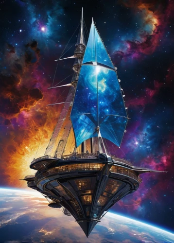 star ship,alien ship,space ship,blue planet,skyflower,spacescraft,voyager,sails,starship,the ship,space craft,victory ship,sail ship,sea fantasy,space art,sky space concept,flagship,sailing ship,caravel,space ships,Illustration,Japanese style,Japanese Style 05